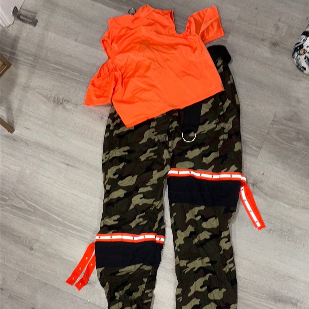 Orange Top and Camouflage Pants Set